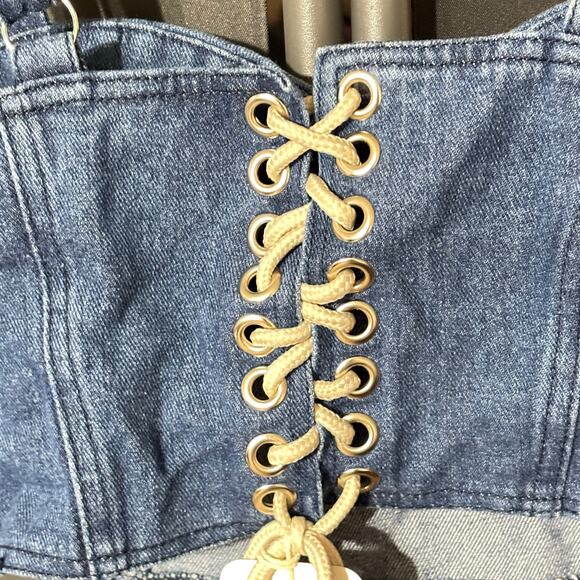 NWT L’Artiste Denim Bralette Criss Cross Tie Back Women’s Medium - Picture 5 of 5